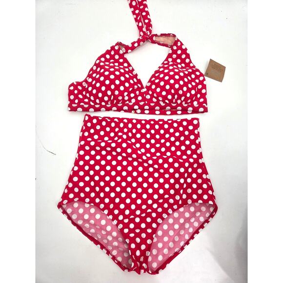 Swimsuits For All Red Polka Dot Diva Halter Top High Waist Bikini Women 16/18 1X - Picture 1 of 9